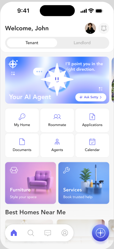 Settlyfe mobile app home screen with the AI agent and quick actions